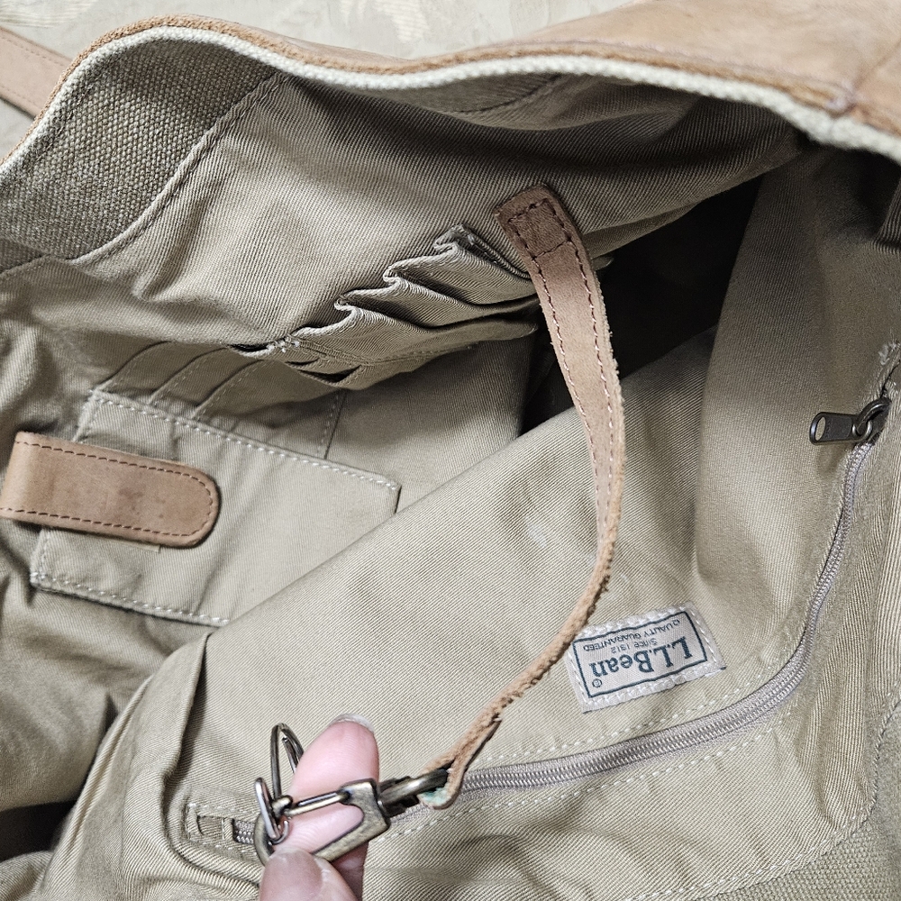 L.L. Bean Vintage Tan Beige Leather Canvas Travel Tote Bag Classic Preppy Purse - Picture 13 of 13